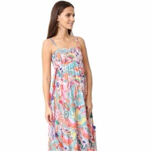 Banjanan Babs Floral Butterfly Print Smocked Midi Dress Pink Multicolor Tassels